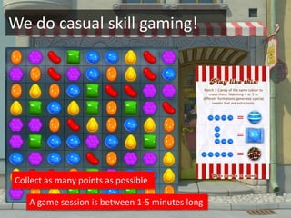 We do casual skill gaming!




Collect as many points as possible

   A game session is between 1-5 minutes long
 
