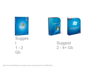 Sugges
t
1 - 2
Gb
Suggest
2 - 4+ Gb
Also know that Windows versions have varying maximum RAM limits.
 