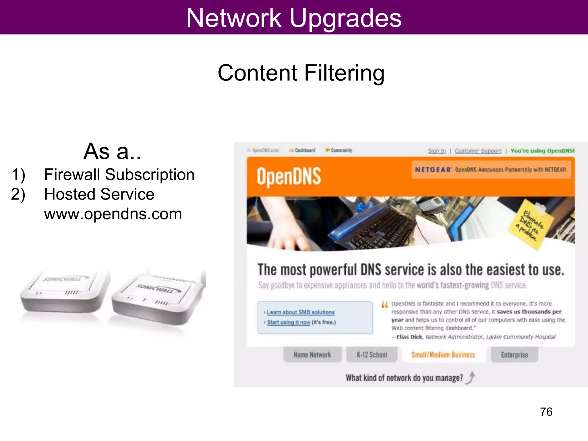 Content Filtering
Network Upgrades
As a..
1) Firewall Subscription
2) Hosted Service
www.opendns.com
76
 