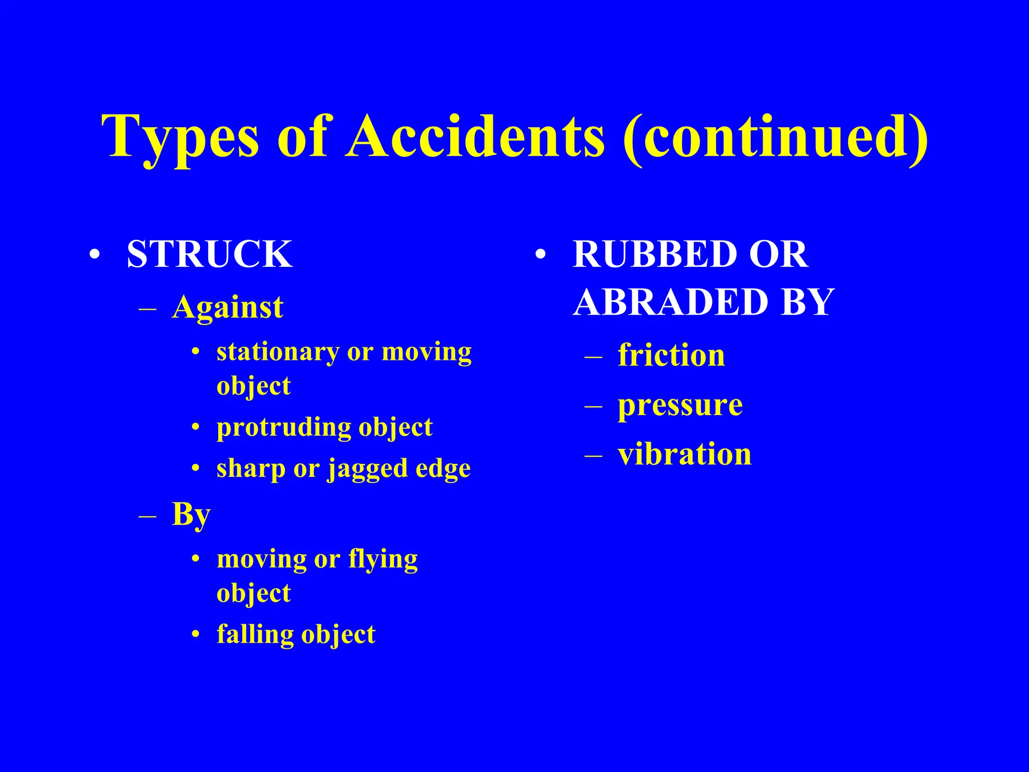 Types of Accidents (continued)
• STRUCK
– Against
• stationary or moving
object
• protruding object
• sharp or jagged edge
– By
• moving or flying
object
• falling object
• RUBBED OR
ABRADED BY
– friction
– pressure
– vibration
 