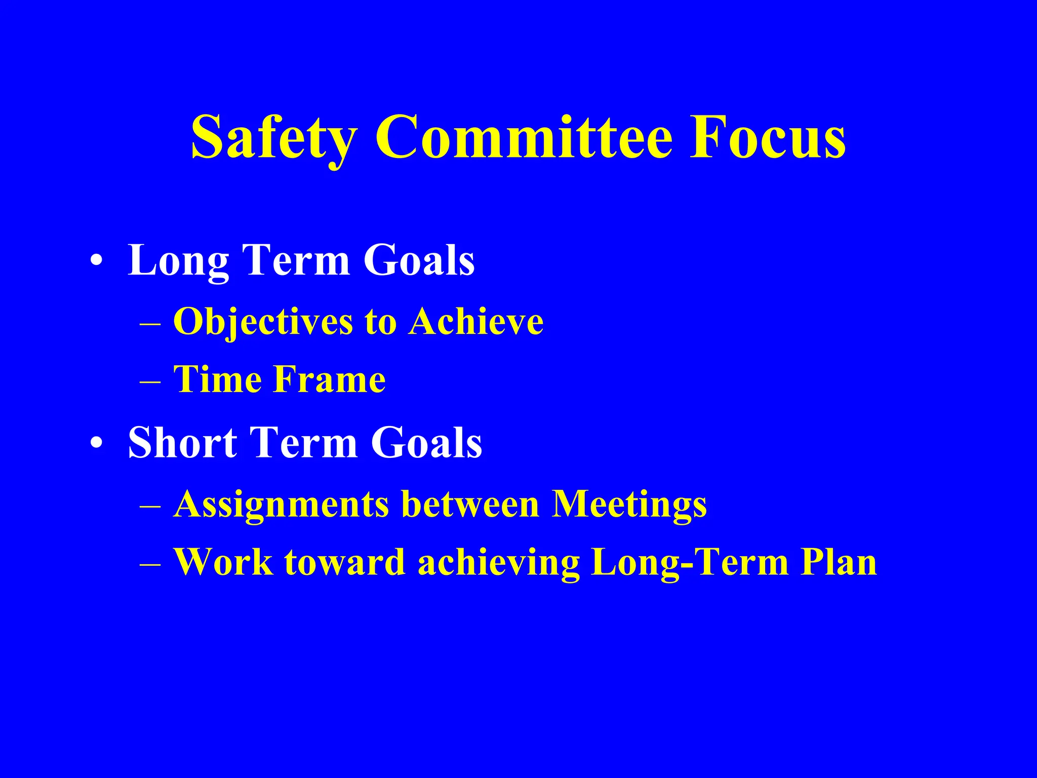 Safety Committee Focus
• Long Term Goals
– Objectives to Achieve
– Time Frame
• Short Term Goals
– Assignments between Meetings
– Work toward achieving Long-Term Plan
 