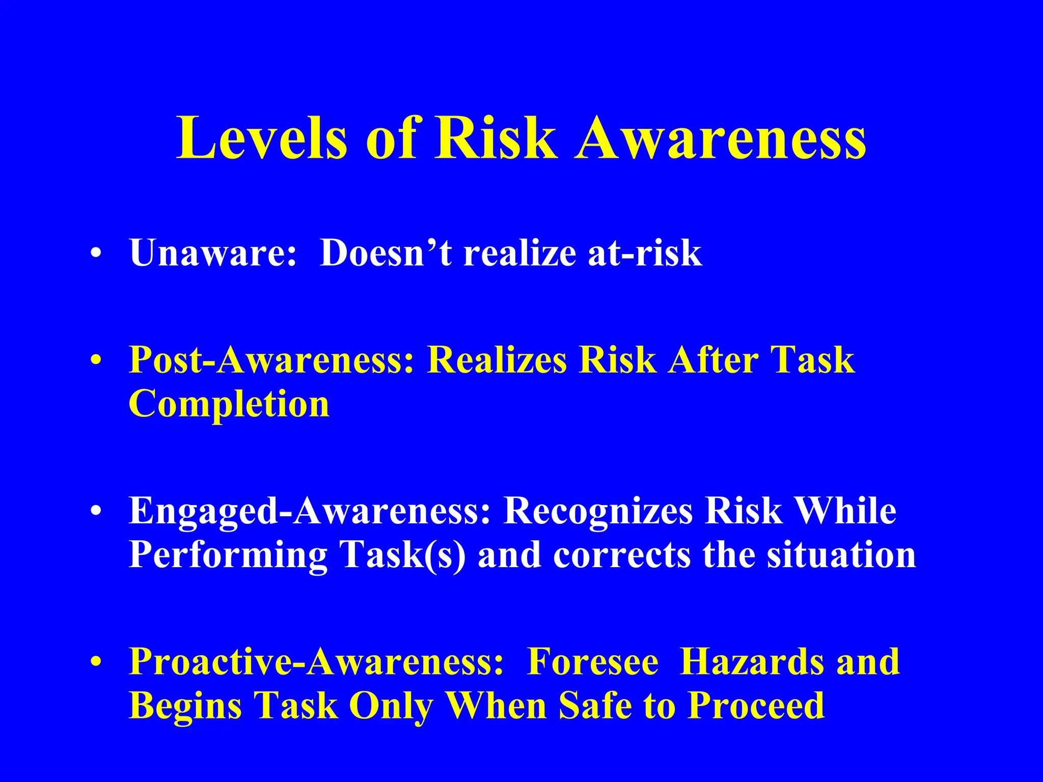 Levels of Risk Awareness
• Unaware: Doesn’t realize at-risk
• Post-Awareness: Realizes Risk After Task
Completion
• Engaged-Awareness: Recognizes Risk While
Performing Task(s) and corrects the situation
• Proactive-Awareness: Foresee Hazards and
Begins Task Only When Safe to Proceed
 