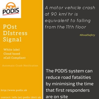 POst
DIstress
Signal
White label
Cloud based
eCall Compliant
Automatic Crash Notification
#RoadSafety
http://www.podis.uk
contact: info (at) podis (dot) uk
The PODIS system can
reduce road fatalities
by minimising the time
that first responders
are on site
A motor vehicle crash
at 90 km/hr is
equivalent to falling
from the 11th floor
 