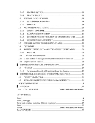 3.4.7 LIMITING SWITCH .................................................................................. 18
3.4.8 TRAFFIC POLICE ..................................................................................... 18
3.5 SOFTWARE AND PROGRAM........................................................................ 19
3.5.1 ARDUINO SDK COMPILER.................................................................... 19
3.5.2 PROTEUS................................................................................................... 19
3.6 PROTOTYPING AND TESTING..................................................................... 20
3.6.1 CIRCUIT DIAGRAM ................................................................................ 20
3.6.2 HARDWARE CONNECTION .................................................................. 21
3.6.3 LOCATION AND DISTRIBUTION OF OUR SENSING UNIT ............. 21
3.6.4 OPERATIONAL FLOW CHART.............................................................. 22
3.7 OVERALL SYSTEM WORKING EXPLANATION:...................................... 23
3.8 PROTOTYPE..................................................................................................... 25
3.9 SYSTEM TESTING,DATA ANALYSIS AND INTERPRETATION............. 26
3.9.1 RESULTS ................................................................................................... 26
3.10 1) Accident detection system ............................................................................. 26
3.11 2) Initialization of message circuitry and information transmission.................. 27
3.12 Empirical results analysis................................................................................... 28
CHAPTER FOUR: RESULTS AND DISCUSSION................................................ 29
4.1 FINDINGS ......................................................................................................... 29
4.1.1 Advantages of Accident Detection and Alerting Systems .......................... 29
CHAPTER FIVE: CONCLUSION AND RECOMMENDATIONS........................ 31
5.1 PROJECT LIMITATION .................................................................................. 31
5.2 RECOMMENDATION AND FUTURE ADVANCEMENTS ......................... 31
ACKNOWLEDGEMENT ..............................................................................................iii
APPENDIX................................................................................................................ 35
6.1 COST ANALYSIS..............................................Error! Bookmark not defined.
LIST OF TABLES
Table 1................................................................................................................................. 4
Table 3 prototype .............................................................................................................. 25
Table 4data obtained indicating different situations........................................................ 27
Table 5............................................................................................................................... 27
Table 6................................................................................Error! Bookmark not defined.
Table 7GPS DATA ........................................................................................................... 35
 
