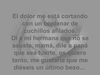 El dolor me está cortando con un centenar de cuchillos afilados. Di a mi hermana que no se asuste, mamá, dile a papá que sea fuerte, os quiero tanto, me gustaría que me diéseis un último beso...  