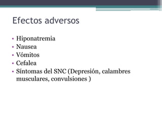 Diuréticos OsmóticosEstos agentes se usan para intentar disminuir la presión en el espacio subaracnoideo. El agua abandona dicho espacio para ir al intravascular. Los diuréticos osmóticos extraen agua de los compartimientos intracelulares y expande el volumen del liquido extracelular, disminuyen la viscosidad sanguínea e inhiben la liberación de Renina