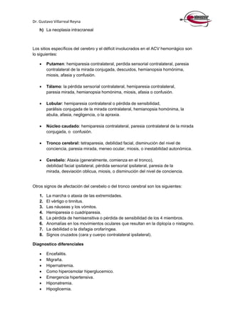 Dr. Gustavo Villarreal Reyna
h) La neoplasia intracraneal
Los sitios específicos del cerebro y el déficit involucrados en el ACV hemorrágico son
lo siguientes:
 Putamen: hemiparesia contralateral, perdida sensorial contralateral, paresia
contralateral de la mirada conjugada, descuidos, hemianopsia homónima,
miosis, afasia y confusión.
 Tálamo: la pérdida sensorial contralateral, hemiparesia contralateral,
paresia mirada, hemianopsia homónima, miosis, afasia o confusión.
 Lobular: hemiparesia contralateral o pérdida de sensibilidad,
parálisis conjugada de la mirada contralateral, hemianopsia homónima, la
abulia, afasia, negligencia, o la apraxia.
 Núcleo caudado: hemiparesia contralateral, paresia contralateral de la mirada
conjugada, o confusión.
 Tronco cerebral: tetraparesia, debilidad facial, disminución del nivel de
conciencia, paresia mirada, meneo ocular, miosis, o inestabilidad autonómica.
 Cerebelo: Ataxia (generalmente, comienza en el tronco),
debilidad facial ipsilateral, pérdida sensorial ipsilateral, paresia de la
mirada, desviación oblicua, miosis, o disminución del nivel de conciencia.
Otros signos de afectación del cerebelo o del tronco cerebral son los siguientes:
1. La marcha o ataxia de las extremidades.
2. El vértigo o tinnitus.
3. Las náuseas y los vómitos.
4. Hemiparesia o cuadriparesia.
5. La pérdida de hemisensitiva o pérdida de sensibilidad de los 4 miembros.
6. Anomalías en los movimientos oculares que resultan en la diplopía o nistagmo.
7. La debilidad o la disfagia orofaríngea.
8. Signos cruzados (cara y cuerpo contralateral ipsilateral).
Diagnostico diferenciales
 Encefalitis.
 Migraña.
 Hipernatremia.
 Como hiperosmolar hiperglucemico.
 Emergencia hipertensiva.
 Hiponatremia.
 Hipoglicemia.
 