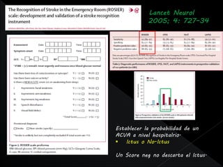 




    Establecer la probabilidad de un
    ACVA a nivel hospitalrio.
     Ictus o No-Ictus

    Un Score neg no descarta el Ictus.
 