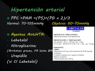    PPC =PAM =(PS)+(PD x 2)/3
Normal: 70-105mmHg           Objetivo: 60–70mmHg


 Agentes AntiHTA:
- Labetalol
- Nitroglicerina:
(Arritmias graves, FA lenta BAV)
- Urapidilo
(si CI Labetalol)
 