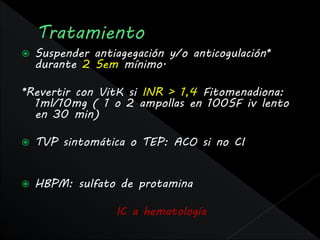    Suspender antiagegación y/o anticogulación*
    durante 2 Sem mínimo.

*Revertir con VitK si INR > 1,4 Fitomenadiona:
  1ml/10mg ( 1 o 2 ampollas en 100SF iv lento
  en 30 min)

   TVP sintomática o TEP: ACO si no CI


   HBPM: sulfato de protamina

                  IC a hematología
 