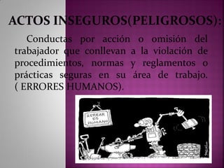 Conductas por acción o omisión del
trabajador que conllevan a la violación de
procedimientos, normas y reglamentos o
prácticas seguras en su área de trabajo.
( ERRORES HUMANOS).
 