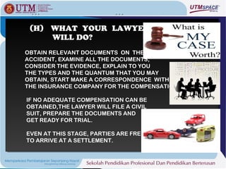 (H) WHAT YOUR LAWYER
 (H) WHAT YOUR LAWYER
     WILL DO?
     WILL DO?
OBTAIN RELEVANT DOCUMENTS ON THE
 OBTAIN RELEVANT DOCUMENTS ON THE
ACCIDENT, EXAMINE ALL THE DOCUMENTS,
 ACCIDENT, EXAMINE ALL THE DOCUMENTS,
CONSIDER THE EVIDENCE, EXPLAIN TO YOU
 CONSIDER THE EVIDENCE, EXPLAIN TO YOU
THE TYPES AND THE QUANTUM THAT YOU MAY
 THE TYPES AND THE QUANTUM THAT YOU MAY
OBTAIN, START MAKE A CORRESPONDENCE WITH
 OBTAIN, START MAKE A CORRESPONDENCE WITH
THE INSURANCE COMPANY FOR THE COMPENSATION.
 THE INSURANCE COMPANY FOR THE COMPENSATION.

IF NO ADEQUATE COMPENSATION CAN BE
 IF NO ADEQUATE COMPENSATION CAN BE
OBTAINED,THE LAWYER WILL FILE A CIVIL
 OBTAINED,THE LAWYER WILL FILE A CIVIL
SUIT, PREPARE THE DOCUMENTS AND
 SUIT, PREPARE THE DOCUMENTS AND
GET READY FOR TRIAL.
 GET READY FOR TRIAL.

EVEN AT THIS STAGE, PARTIES ARE FREE
EVEN AT THIS STAGE, PARTIES ARE FREE
TO ARRIVE AT A SETTLEMENT.
TO ARRIVE AT A SETTLEMENT.
 