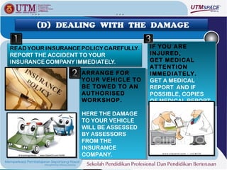 (D) DEALING WITH THE DAMAGE

                           IF YOU ARE
                            IF YOU ARE
                           INJURED,
                            INJURED,
                           GET MEDICAL
                            GET MEDICAL
                           ATTENTION
                            ATTENTION
       ARRANGE FOR
       ARRANGE FOR         IMMEDIATELY.
                            IMMEDIATELY.
       YOUR VEHICLE TO
       YOUR VEHICLE TO     GET A MEDICAL
                            GET A MEDICAL
       BE TOWED TO AN
       BE TOWED TO AN      REPORT AND IF
                            REPORT AND IF
       AUTHORISED
       AUTHORISED          POSSIBLE, COPIES
                            POSSIBLE, COPIES
       WORKSHOP.
       WORKSHOP.           OF MEDICAL REPORT.
                            OF MEDICAL REPORT.

       HERE THE DAMAGE
        HERE THE DAMAGE
       TO YOUR VEHICLE
        TO YOUR VEHICLE
       WILL BE ASSESSED
        WILL BE ASSESSED
       BY ASSESSORS
        BY ASSESSORS
       FROM THE
        FROM THE
       INSURANCE
        INSURANCE
       COMPANY.
        COMPANY.
 