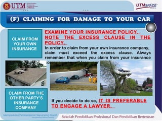 (F) CLAIMING FOR DAMAGE TO YOUR CAR

                 EXAMINE YOUR INSURANCE POLICY.
 CLAIM FROM      NOTE THE EXCESS CLAUSE IN THE
  YOUR OWN       POLICY.
 INSURANCE       In order to claim from your own insurance company,
                 claim must exceed the excess clause. Always
                 remember that when you claim from your insurance
                 company, you will lose your no-claim bonus.




CLAIM FROM THE
OTHER PARTY’S
                    If you decide to do so, IT IS PREFERABLE
  INSURANCE
   COMPANY          TO ENGAGE A LAWYER.
 