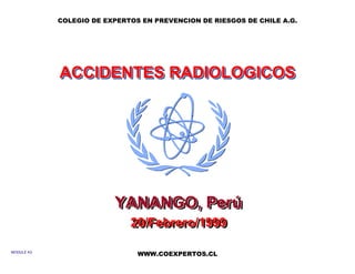 COLEGIO DE EXPERTOS EN PREVENCION DE RIESGOS DE CHILE A.G.




            ACCIDENTES RADIOLOGICOS




                         YANANGO, Perú
                         YANANGO, Perú
                             20/Febrero/1999
                             20/Febrero/1999

MODULE A3
                               WWW.COEXPERTOS.CL
 