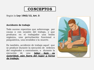 CONCEPTOS
Según la Ley 1562/12, Art. 3:
Accidente de trabajo
Todo suceso repentino que sobrevenga por
causa o con ocasión del trabajo, y que
produzca en el trabajador una lesión
orgánica, una perturbación funcional o
psiquiátrica, una invalidez o la muerte.
Es también, accidente de trabajo aquel que
se produce durante la ejecución de órdenes
del empleador o contratante, o durante la
ejecución de una labor bajo su
autoridad, aún fuera del lugar y horas
de trabajo.
 