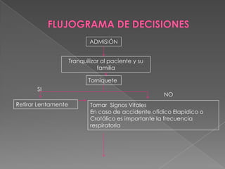 ADMISIÓN
Tranquilizar al paciente y su
familia
Torniquete
SI
Retirar Lentamente

NO
Tomar Signos Vitales
En caso de accidente ofídico Elapidico o
Crotálico es importante la frecuencia
respiratoria

 
