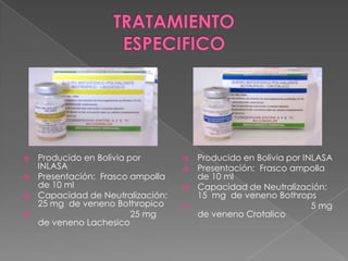 Producido en Bolivia por
INLASA
 Presentación: Frasco ampolla
de 10 ml
 Capacidad de Neutralización:
25 mg de veneno Bothropico

25 mg
de veneno Lachesico


Producido en Bolivia por INLASA
Presentación: Frasco ampolla
de 10 ml
 Capacidad de Neutralización:
15 mg de veneno Bothrops

5 mg
de veneno Crotalico



 