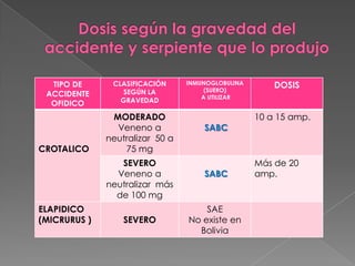 TIPO DE
ACCIDENTE
OFIDICO

CROTALICO

CLASIFICACIÓN
SEGÚN LA
GRAVEDAD

MODERADO
Veneno a
neutralizar 50 a
75 mg
SEVERO
Veneno a
neutralizar más
de 100 mg

ELAPIDICO
(MICRURUS )

SEVERO

INMUNOGLOBULINA
(SUERO)
A UTILIZAR

SABC

SABC

SAE
No existe en
Bolivia

DOSIS
10 a 15 amp.

Más de 20
amp.

 