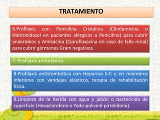 6.Profilaxis con Penicilina Cristalina (Clindamicina o
Metronidazol en pacientes alérgicos a Penicilina) para cubrir
anaerobios y Amikacina (Ciprofloxacina en caso de falla renal)
para cubrir gérmenes Gram negativos.
7. Profilaxis antitetánica.
8.Profilaxis antitrombótica con Heparina S-C y en miembros
inferiores con vendajes elásticos, terapia de rehabilitación
física.
9.Limpieza de la herida con agua y jabón o bactericida de
superficie (Hexaclorofeno o Yodo-polivinil-pirrolidona).
TRATAMIENTO
 