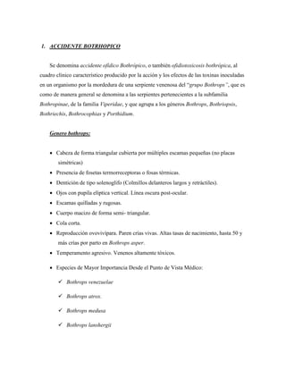 1. ACCIDENTE BOTRHOPICO


    Se denomina accidente ofídico Bothrópico, o también ofidiotoxicosis bothrópica, al
cuadro clínico característico producido por la acción y los efectos de las toxinas inoculadas
en un organismo por la mordedura de una serpiente venenosa del “grupo Bothrops”, que es
como de manera general se denomina a las serpientes pertenecientes a la subfamilia
Bothropinae, de la familia Viperidae, y que agrupa a los géneros Bothrops, Bothriopsis,
Bothriechis, Bothrocophias y Porthidium.


    Genero bothrops:


     Cabeza de forma triangular cubierta por múltiples escamas pequeñas (no placas
        simétricas)
     Presencia de fosetas termorreceptoras o fosas térmicas.
     Dentición de tipo solenoglifo (Colmillos delanteros largos y retráctiles).
     Ojos con pupila elíptica vertical. Línea oscura post-ocular.
     Escamas quilladas y rugosas.
     Cuerpo macizo de forma semi- triangular.
     Cola corta.
     Reproducción ovovivípara. Paren crías vivas. Altas tasas de nacimiento, hasta 50 y
        más crías por parto en Bothrops asper.
     Temperamento agresivo. Venenos altamente tóxicos.

     Especies de Mayor Importancia Desde el Punto de Vista Médico:

         Bothrops venezuelae

         Bothrops atrox.

         Bothrops medusa

         Bothrops lanshergii
 