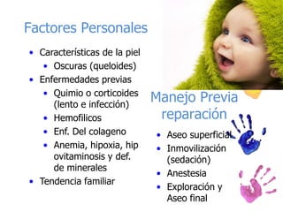Factores Personales
• Características de la piel
   • Oscuras (queloides)
• Enfermedades previas
   • Quimio o corticoides
     (lento e infección)
                               Manejo Previa
   • Hemofilicos                reparación
   • Enf. Del colageno         • Aseo superficial
   • Anemia, hipoxia, hip      • Inmovilización
     ovitaminosis y def.         (sedación)
     de minerales
                               • Anestesia
• Tendencia familiar
                               • Exploración y
                                 Aseo final
 