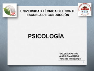 PSICOLOGÍA
1
-VALERIA CASTRO
-MARICELA CAMPO
- Orlando Imbaquingo
UNIVERSIDAD TÉCNICA DEL NORTE
ESCUELA DE CONDUCCIÓN
 