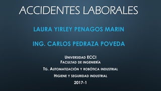 ACCIDENTES LABORALES
LAURA YIRLEY PENAGOS MARIN
ING. CARLOS PEDRAZA POVEDA
UNIVERSIDAD ECCI
FACULTAD DE INGENIERÍA
TG. AUTOMATIZACIÓN Y ROBÓTICA INDUSTRIAL
HIGIENE Y SEGURIDAD INDUSTRIAL
2017-1
 