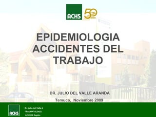 EPIDEMIOLOGIA ACCIDENTES DEL TRABAJO DR. JULIO DEL VALLE ARANDA Temuco,  Noviembre 2009 Dr. Julio del Valle A TRAUMATOLOGO. ACHS IX Región 