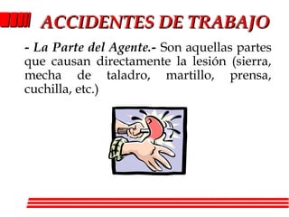 ACCIDENTACCIDENTES DE TRABAJOES DE TRABAJO
- La Parte del Agente.- Son aquellas partes
que causan directamente la lesión (sierra,
mecha de taladro, martillo, prensa,
cuchilla, etc.)
 
