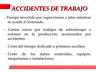ACCIDENTES DE TRABAJOACCIDENTES DE TRABAJO
- Tiempo invertido por supervisores y jefes mientras
se ayuda al lesionado.
- Gastos extras por trabajos de sobretiempo o
retrasos en la producción, ocasionados por
accidentes.
- Costo del tiempo dedicado a primeros auxilios.
- Costo de los daños materiales, equipos,
maquinarias o instalaciones.
 
