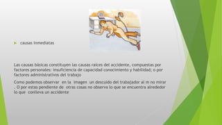  causas inmediatas
Las causas básicas constituyen las causas raíces del accidente, compuestas por
factores personales: insuficiencia de capacidad conocimiento y habilidad; o por
factores administrativos del trabajo
Como podemos observar en la imagen un descuido del trabajador al m no mirar
. O por estas pendiente de otras cosas no observa lo que se encuentra alrededor
lo que conlleva un accidente
 