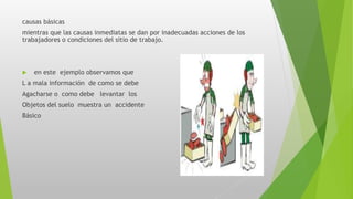 causas básicas
mientras que las causas inmediatas se dan por inadecuadas acciones de los
trabajadores o condiciones del sitio de trabajo.
 en este ejemplo observamos que
L a mala información de como se debe
Agacharse o como debe levantar los
Objetos del suelo muestra un accidente
Básico
 