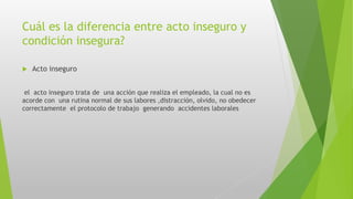 Cuál es la diferencia entre acto inseguro y
condición insegura?
 Acto inseguro
el acto inseguro trata de una acción que realiza el empleado, la cual no es
acorde con una rutina normal de sus labores ,distracción, olvido, no obedecer
correctamente el protocolo de trabajo generando accidentes laborales
 
