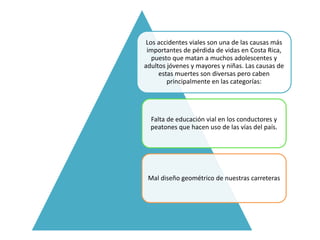 Los accidentes viales son una de las causas más 
importantes de pérdida de vidas en Costa Rica, 
puesto que matan a muchos...