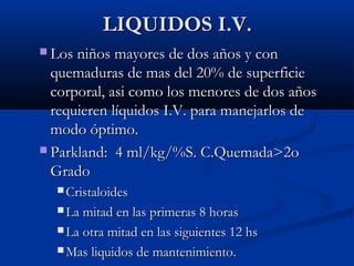 LIQUIDOS I.V.LIQUIDOS I.V.
 Los niños mayores de dos años y conLos niños mayores de dos años y con
quemaduras de mas del 20% de superficiequemaduras de mas del 20% de superficie
corporal, asi como los menores de dos añoscorporal, asi como los menores de dos años
requieren líquidos I.V. para manejarlos derequieren líquidos I.V. para manejarlos de
modo óptimo.modo óptimo.
 Parkland: 4 ml/kg/%S. C.Quemada>2oParkland: 4 ml/kg/%S. C.Quemada>2o
GradoGrado
 CristaloidesCristaloides
 La mitad en las primeras 8 horasLa mitad en las primeras 8 horas
 La otra mitad en las siguientes 12 hsLa otra mitad en las siguientes 12 hs
 Mas liquidos de mantenimiento.Mas liquidos de mantenimiento.
 