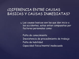  Las causas basicas son las que dan inicio a
los accidentes, estas entan compuestas por
factores personales como:
- Falta de conocimiento
- Inexistencia de procedimiento de trabajo
- Falta de habilidad
- Capacidad fisica/mental inadecuada
¿DIFERENCIA ENTRE CAUSAS
BÁSICAS Y CAUSAS INMEDIATAS?
 