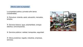 La propiedad publica y privada sufre danos
considerables:
 Estructura: vivienda, salud, educación, mercados,
templos.
 Servicios básicos: agua, alcantarillado, energía
eléctrica, comunicaciones.
 Servicios públicos: vialidad, transportes, seguridad.
 Obras produtivas: regadio, industrias, empresas,
servicios.
Efectos sobre la propiedad
 