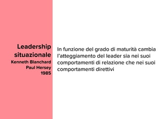 Leadership
situazionale
Kenneth Blanchard
Paul Hersey
1985
L’insieme dei comportamenti direttivi e
di relazione determina ...