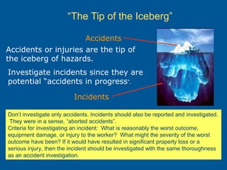 “The Tip of the Iceberg”
Don’t investigate only accidents. Incidents should also be reported and investigated.
They were in a sense, “aborted accidents”.
Criteria for investigating an incident: What is reasonably the worst outcome,
equipment damage, or injury to the worker? What might the severity of the worst
outcome have been? If it would have resulted in significant property loss or a
serious injury, then the incident should be investigated with the same thoroughness
as an accident investigation.
Accidents or injuries are the tip of
the iceberg of hazards.
Investigate incidents since they are
potential “accidents in progress”.
Accidents
Incidents
 