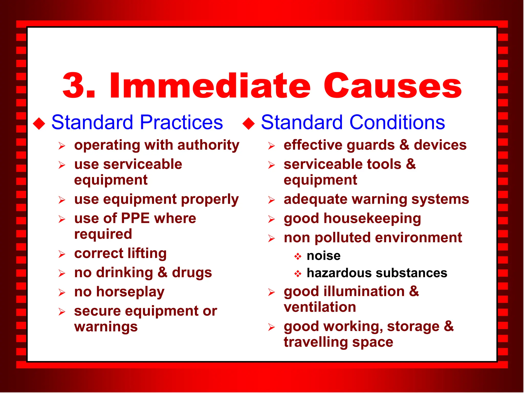 3. Immediate Causes
 Standard Practices
 operating with authority
 use serviceable
equipment
 use equipment properly
 use of PPE where
required
 correct lifting
 no drinking & drugs
 no horseplay
 secure equipment or
warnings
 Standard Conditions
 effective guards & devices
 serviceable tools &
equipment
 adequate warning systems
 good housekeeping
 non polluted environment
 noise
 hazardous substances
 good illumination &
ventilation
 good working, storage &
travelling space
 