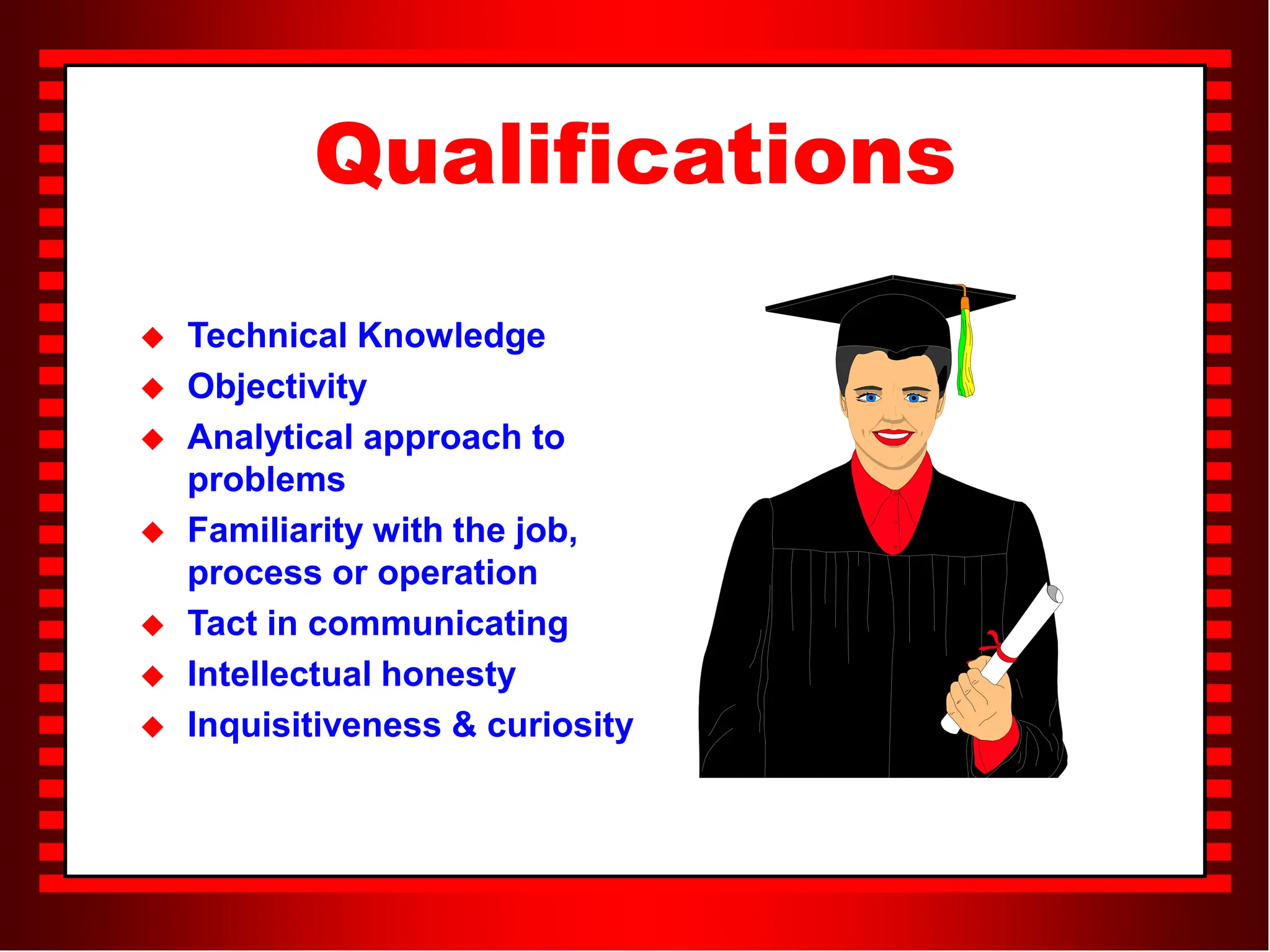 Qualifications
 Technical Knowledge
 Objectivity
 Analytical approach to
problems
 Familiarity with the job,
process or operation
 Tact in communicating
 Intellectual honesty
 Inquisitiveness & curiosity
 