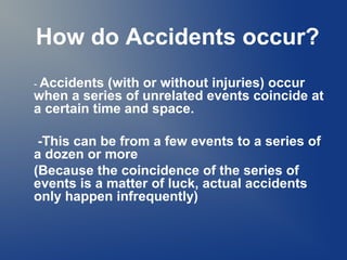 How do Accidents occur?
- Accidents

(with or without injuries) occur
when a series of unrelated events coincide at
a certain time and space.
-This can be from a few events to a series of
a dozen or more
(Because the coincidence of the series of
events is a matter of luck, actual accidents
only happen infrequently)

 