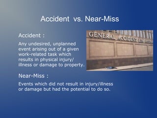 Accident vs. Near-Miss
Accident :
Any undesired, unplanned
event arising out of a given
work-related task which
results in physical injury/
illness or damage to property.

Near-Miss :
Events which did not result in injury/illness
or damage but had the potential to do so.

 