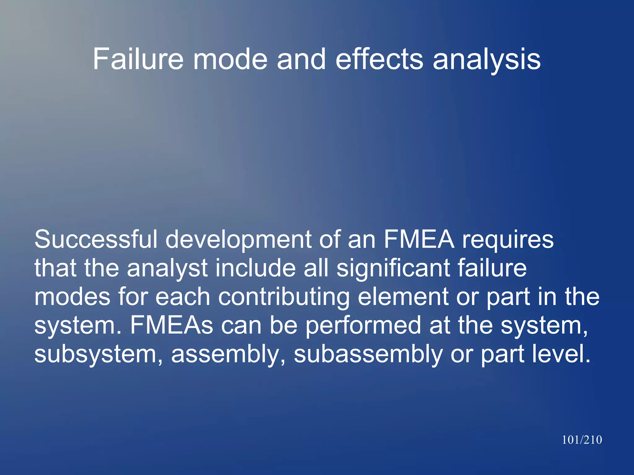 Failure mode and effects analysis

Successful development of an FMEA requires
that the analyst include all significant failure
modes for each contributing element or part in the
system. FMEAs can be performed at the system,
subsystem, assembly, subassembly or part level.

101/210

 
