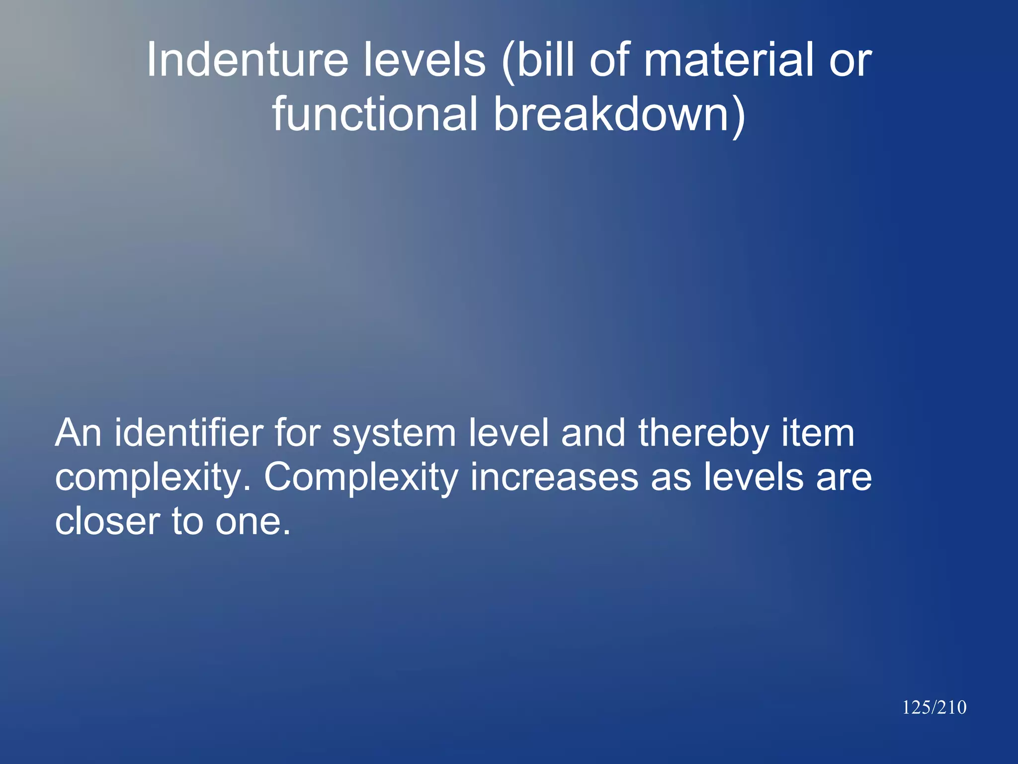 Indenture levels (bill of material or
functional breakdown)

An identifier for system level and thereby item
complexity. Complexity increases as levels are
closer to one.

125/210

 