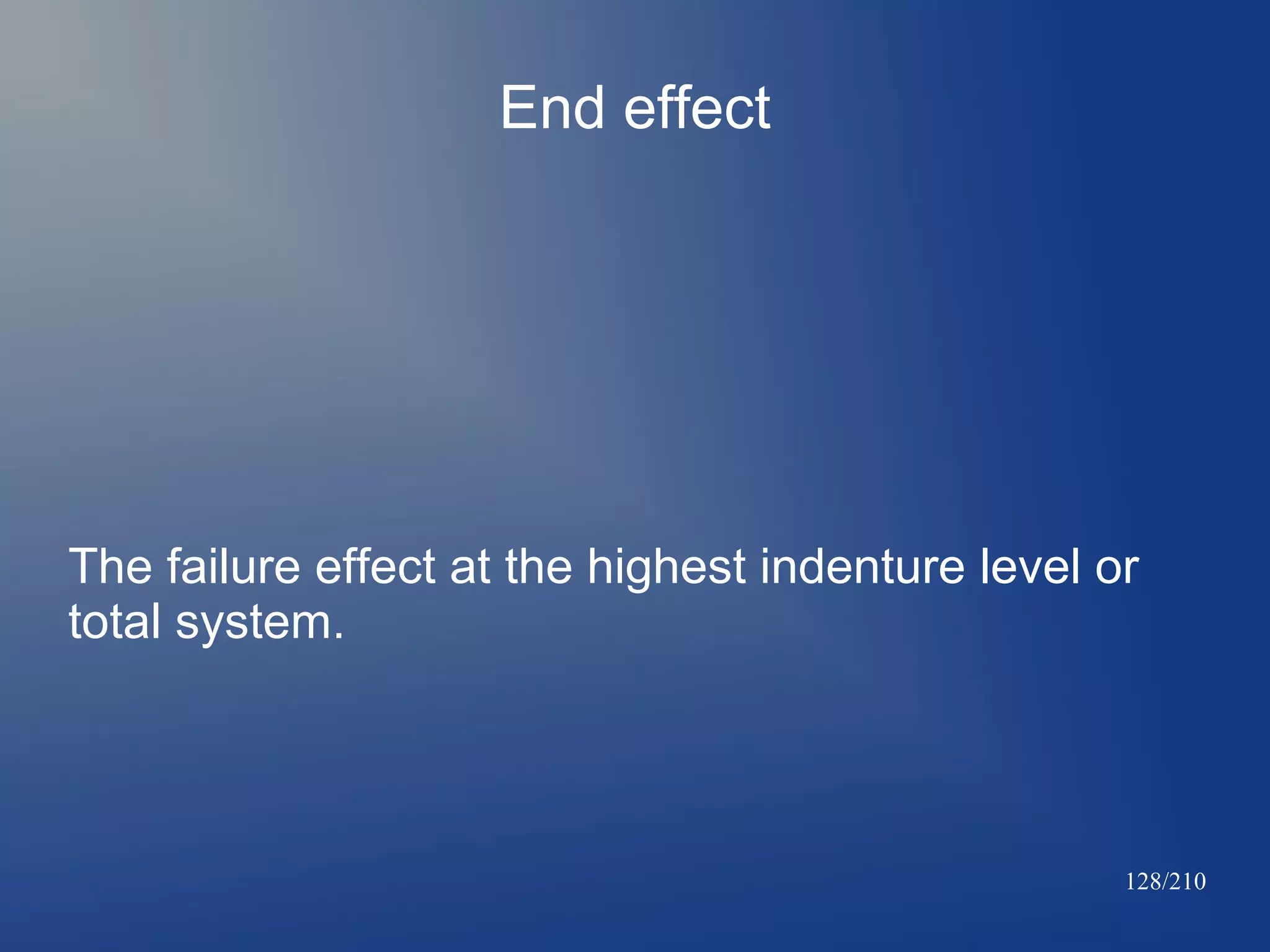 End effect

The failure effect at the highest indenture level or
total system.

128/210

 