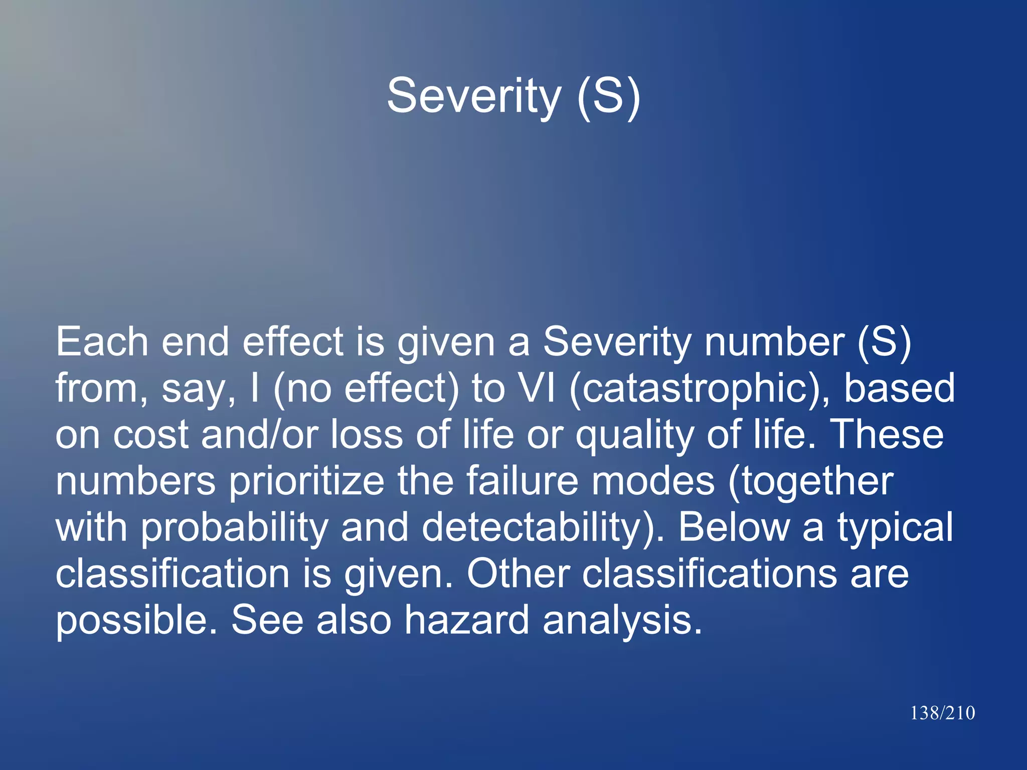 Severity (S)

Each end effect is given a Severity number (S)
from, say, I (no effect) to VI (catastrophic), based
on cost and/or loss of life or quality of life. These
numbers prioritize the failure modes (together
with probability and detectability). Below a typical
classification is given. Other classifications are
possible. See also hazard analysis.
138/210

 