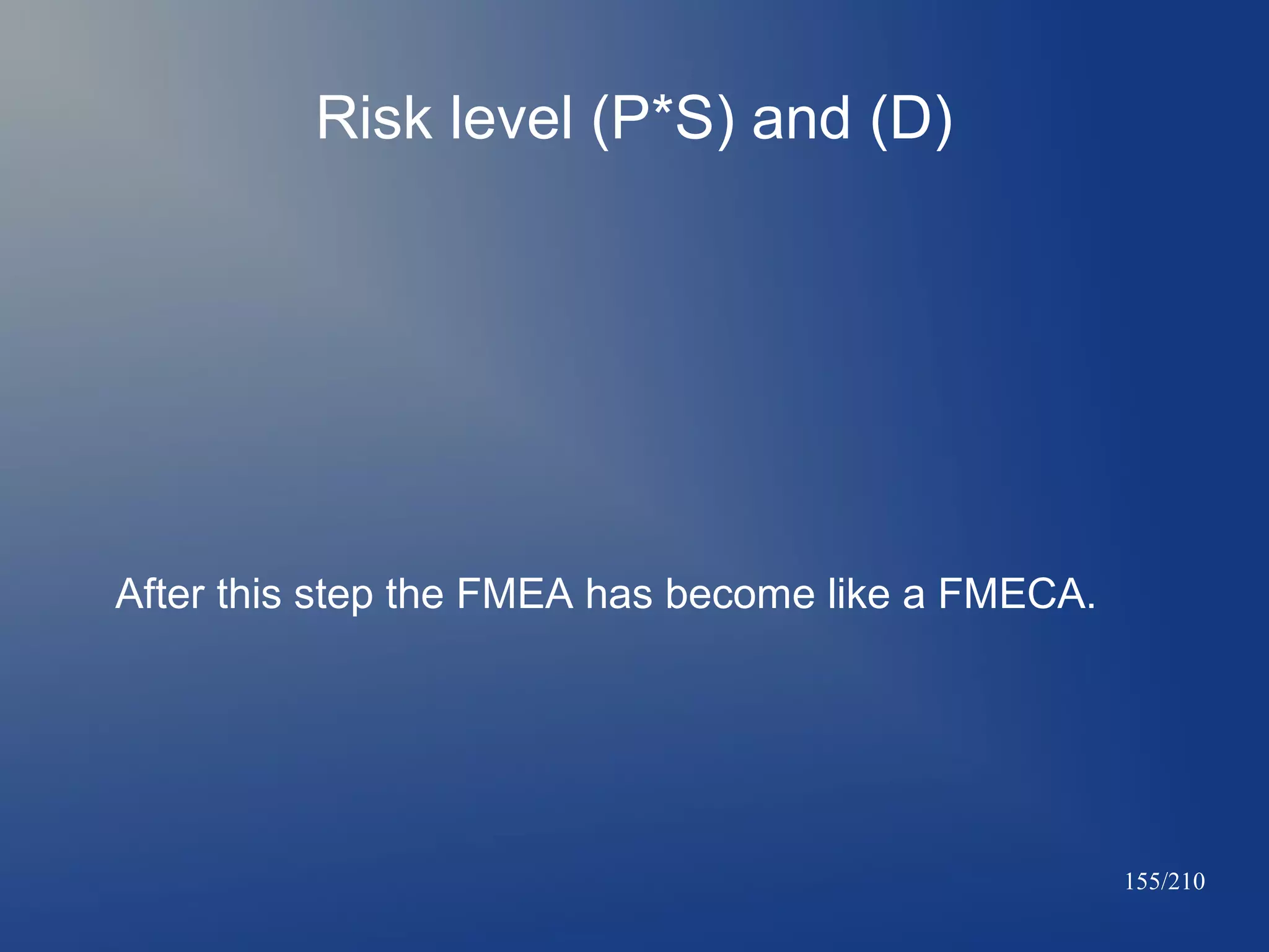 Risk level (P*S) and (D)

After this step the FMEA has become like a FMECA.

155/210

 