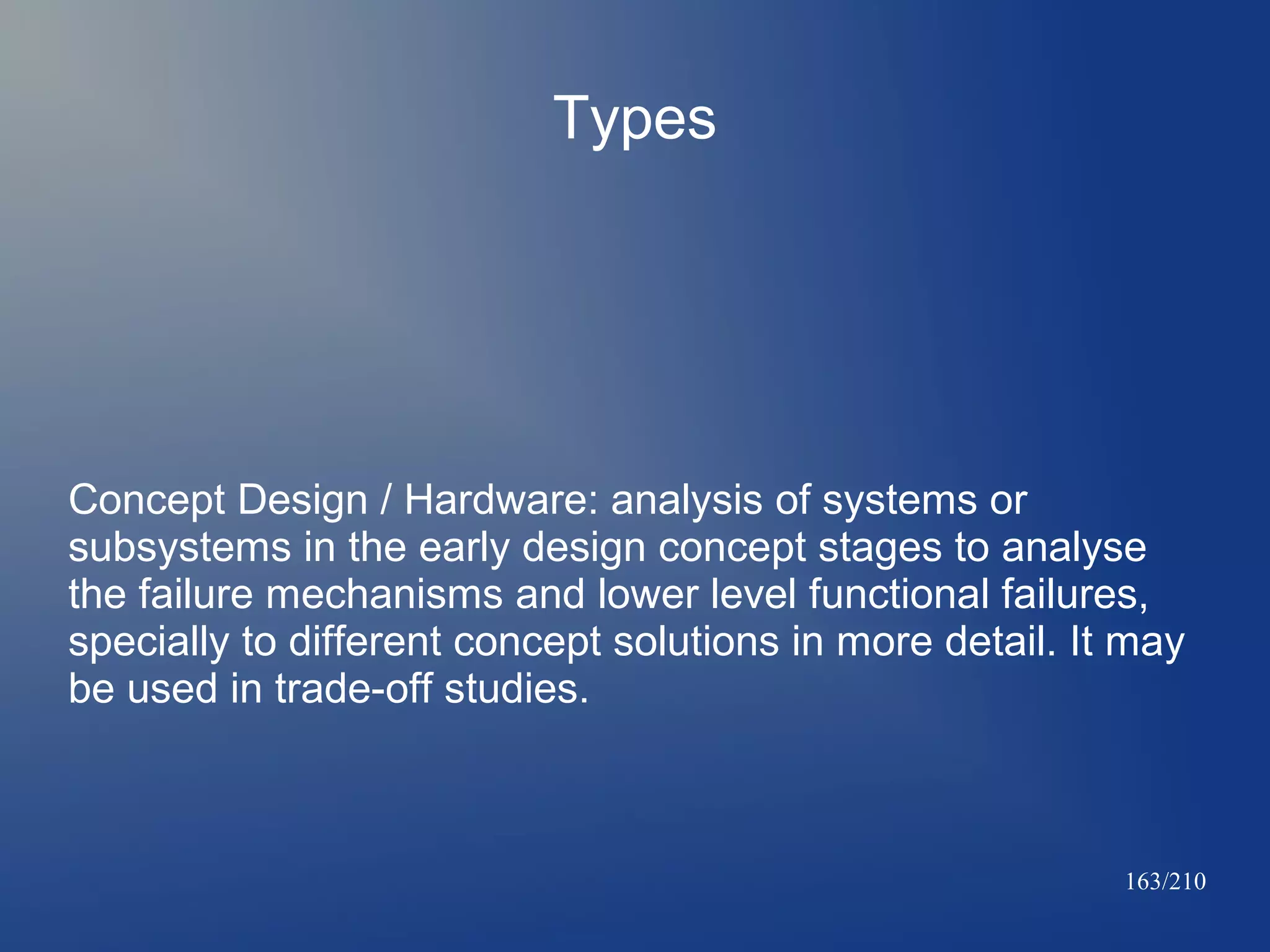 Types

Concept Design / Hardware: analysis of systems or
subsystems in the early design concept stages to analyse
the failure mechanisms and lower level functional failures,
specially to different concept solutions in more detail. It may
be used in trade-off studies.

163/210

 